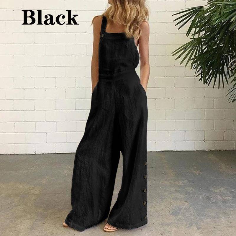 Neu Frauen Square Neck Sleeveless Reine Baumwolle Breite Bein Overalls L schwarz von Joom DACH