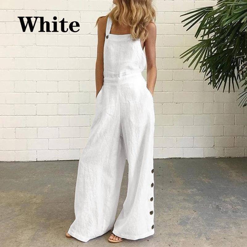 Neu Frauen Square Neck Sleeveless Reine Baumwolle Breite Bein Overalls XL weiß von Joom DACH