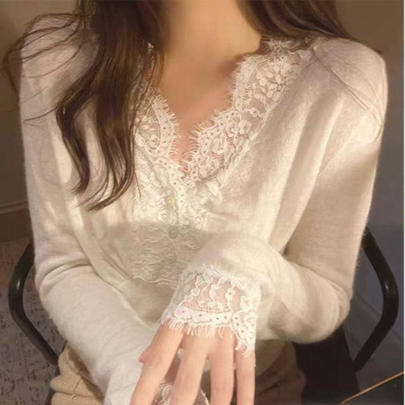 Neu Frühen Herbst Design Nische Hot Girl Top Weiß Spitze Bodenbildung Shirt frauen Innen one size fits all von Joom DACH