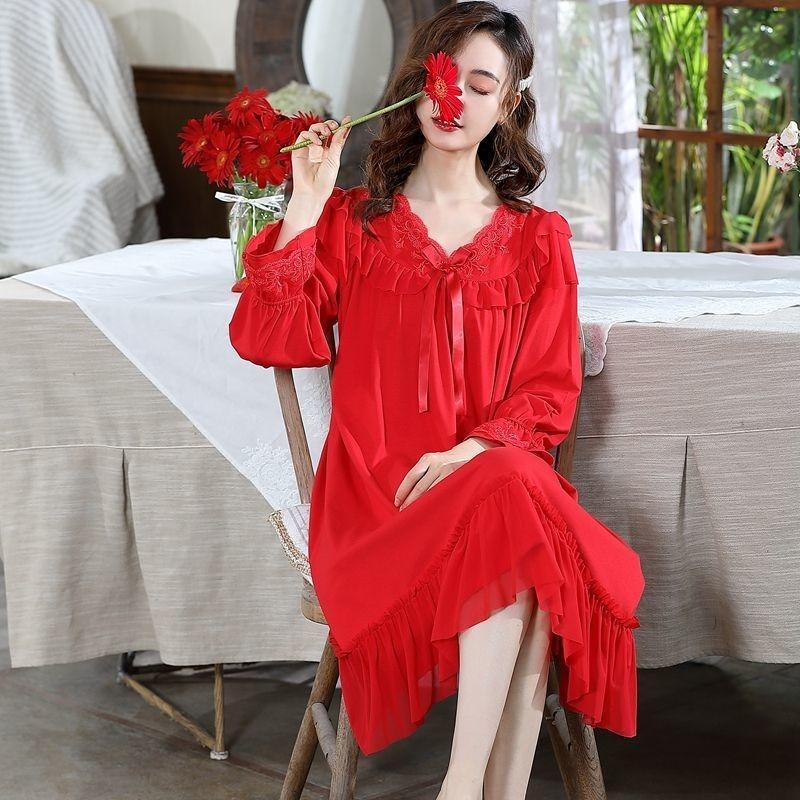 Neu Großen Roten Pyjama Rock frauen Herbst Reine Baumwolle Langarm Nachthemden Frühling Mädchen Dünne Baumwolle Hochzeit Sleepshirts 3XL von Joom DACH