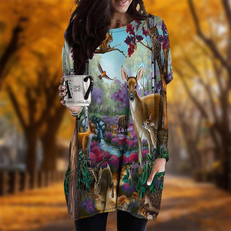 Neu Herbst Elch Hirsch Print Übergröße Kleid Damen O-Ausschnitt Lange Ärmel Lässig Taschenkleider 4XL rot von Joom DACH