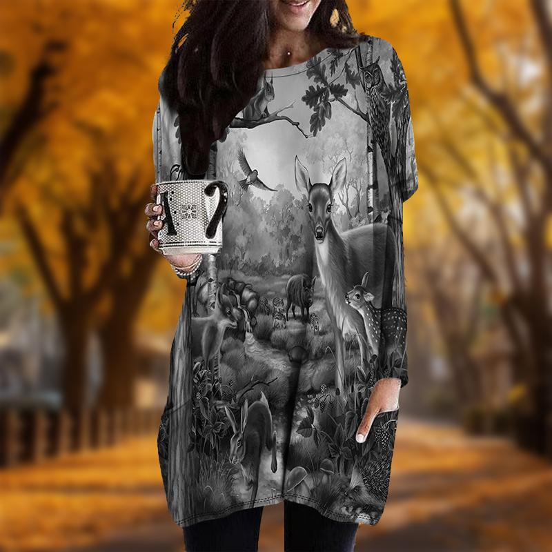 Neu Herbst Elch Hirsch Print Übergröße Kleid Damen O-Ausschnitt Lange Ärmel Lässig Taschenkleider XL schwarz von Joom DACH