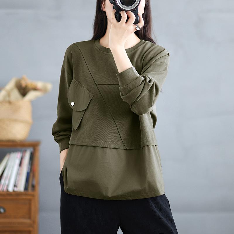 Neu Herbst Frauen Volle Hülse Lose Beiläufige Oansatz Grundlegende Tasche Zipper Tops Solide T-Shirt L grün von Joom DACH