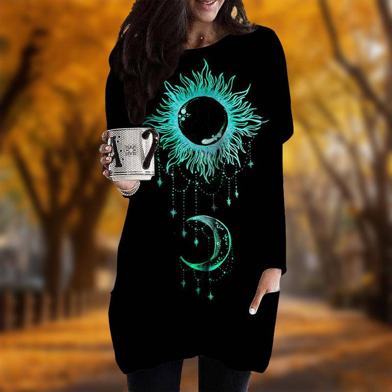 Neu Herbst Sonne Mond Print Übergröße Kleid Damen O-Ausschnitt Lange Ärmel Lässig Taschenkleider 4XL grün von Joom DACH