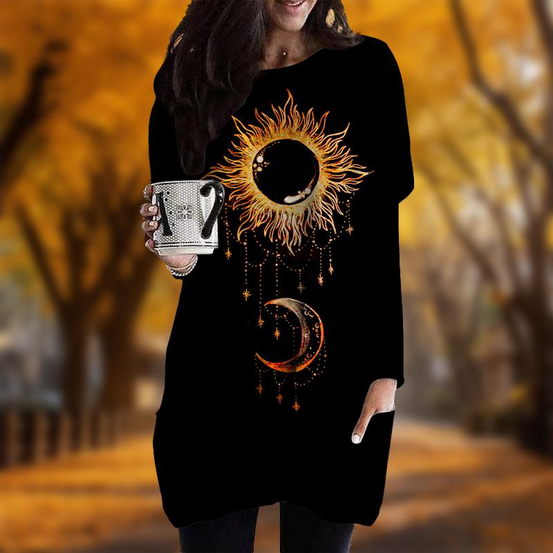 Neu Herbst Sonne Mond Print Übergröße Kleid Damen O-Ausschnitt Lange Ärmel Lässig Taschenkleider 5XL orange von Joom DACH
