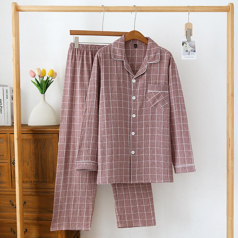 Neu Herren Frühling und Sommer Pyjama Set 100% Baumwolle Plaid Lange ärmeln Hosen Zwei-stück Set Große Größe lose XL von Joom DACH