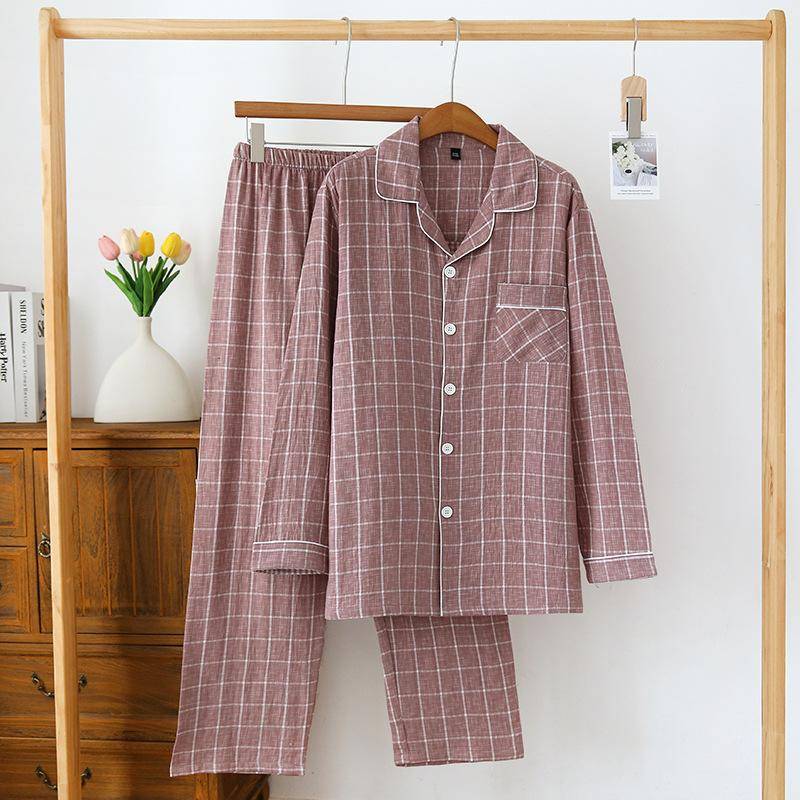 Neu Herren Frühling und Sommer Pyjama Set 100% Baumwolle Plaid Lange ärmeln Hosen Zwei-stück Set Große Größe lose XL von Joom DACH