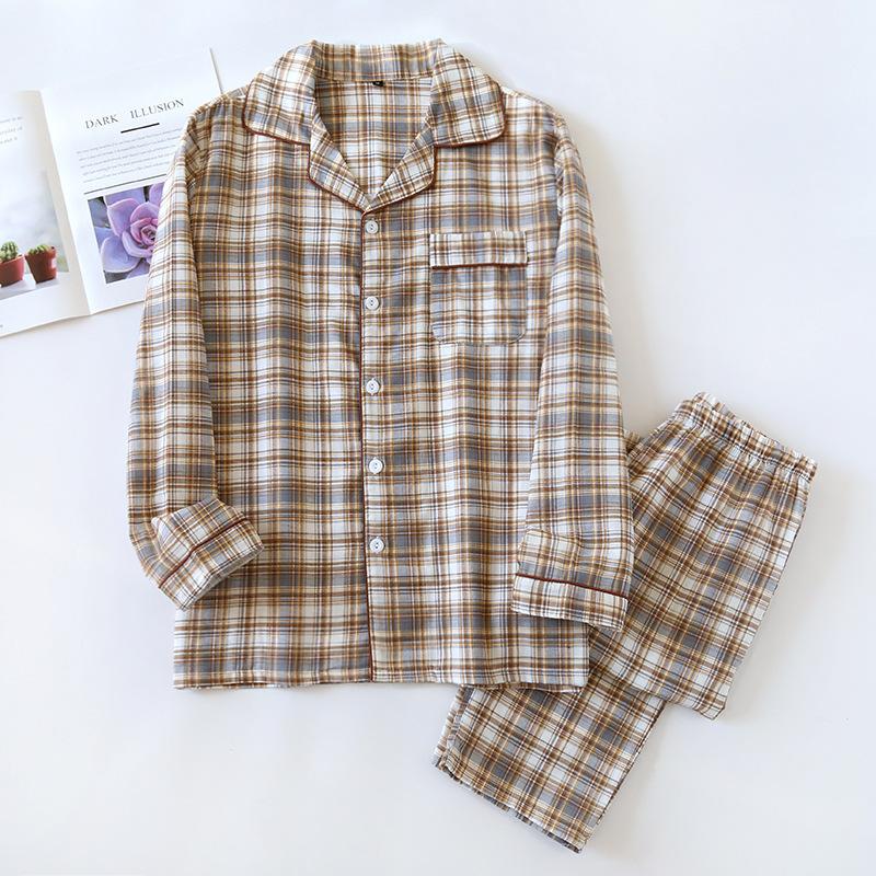 Neu Herren Pyjama Set Frühling und Sommer Plaid Einfache Lange ärmeln Zwei-stück Set 100% Baumwolle XL von Joom DACH