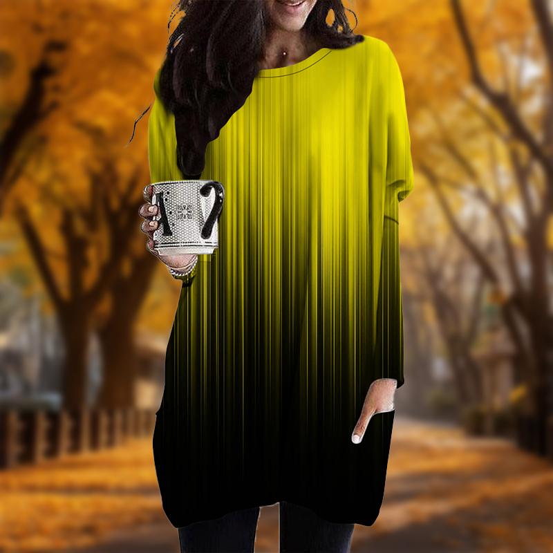 Neu Im Herbst Farbe Grad Print Plus Größe Kleid Frauen O'neck Lange Ärmel Casual Tasche Kleider 8XL gelb von Joom DACH