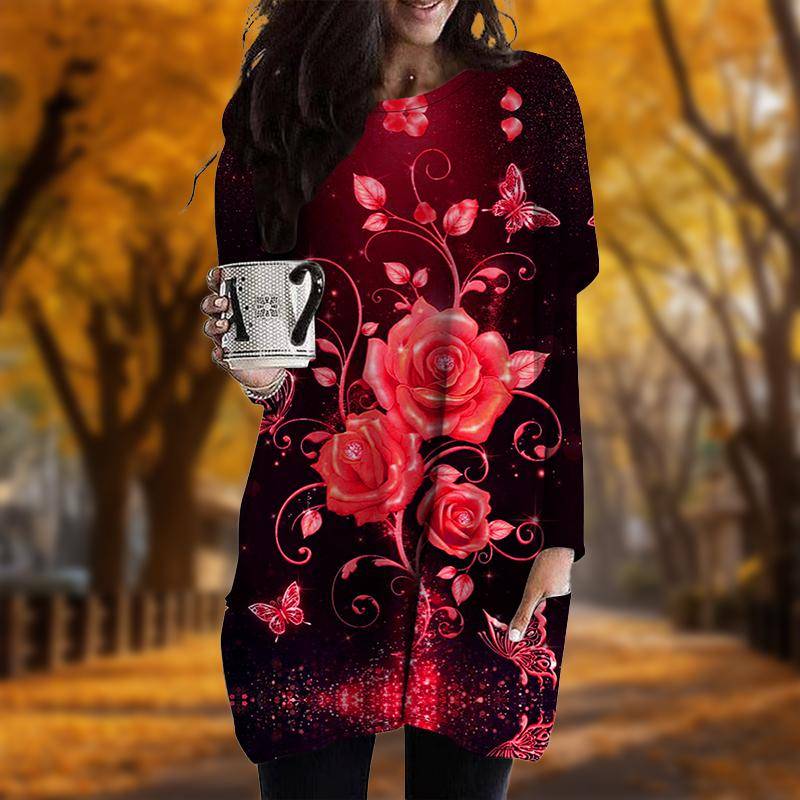 Neu Im Herbst Rose Schmetterling Print Plus Größe Kleid Frauen Oansatz Lange Ärmel Casual Tasche Kleider 3XL rot von Joom DACH
