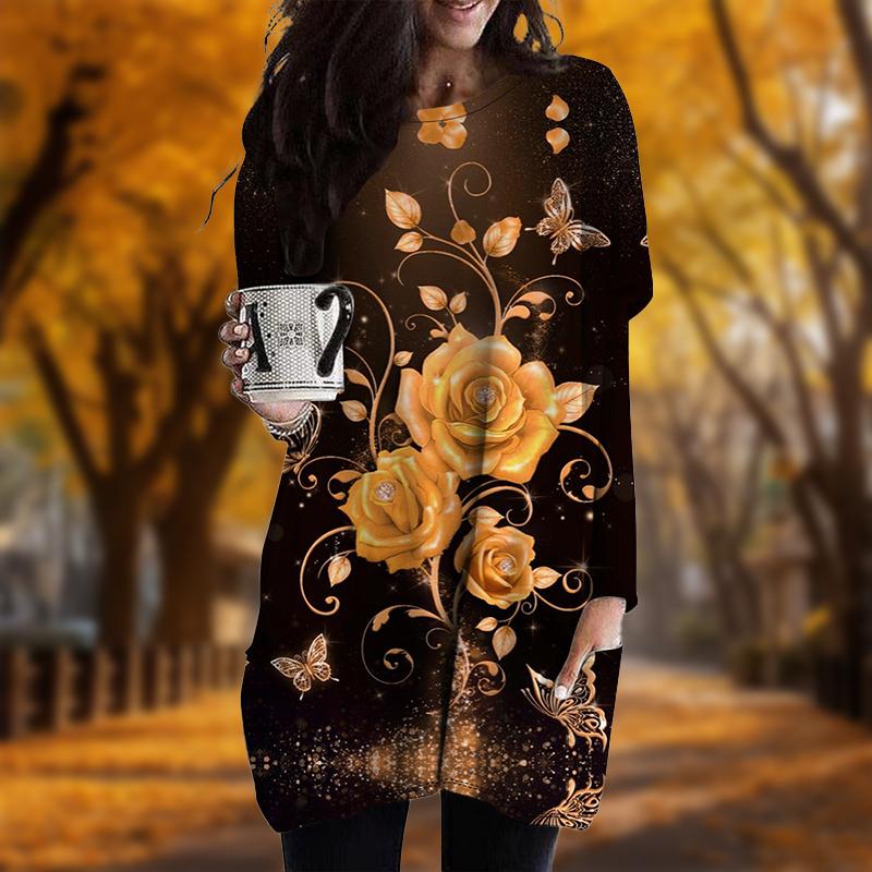 Neu Im Herbst Rose Schmetterling Print Plus Größe Kleid Frauen Oansatz Lange Ärmel Casual Tasche Kleider 4XL gold von Joom DACH