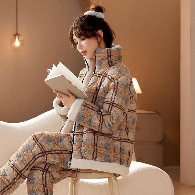 Neu Korallen Samt Pyjamas Frauen Winter Loungewear Drei-schicht Padded Anzug Famale Flanell Außerhalb Tragen Hause Kleidung Sets Mädchen 2XL von Joom DACH