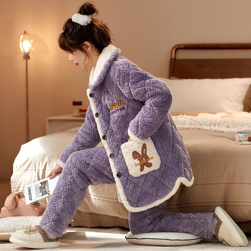 Neu Korallen Samt Pyjamas Frauen Winter Loungewear Drei-schicht Padded Anzug Famale Flanell Außerhalb Tragen Hause Kleidung Sets Mädchen 2XL von Joom DACH