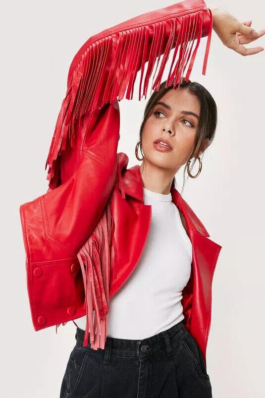 Neu Lammfell Rot Motorrad Party Leder Frauen Fransen Handgemachte Jacke Aus Echtem M rot von Joom DACH