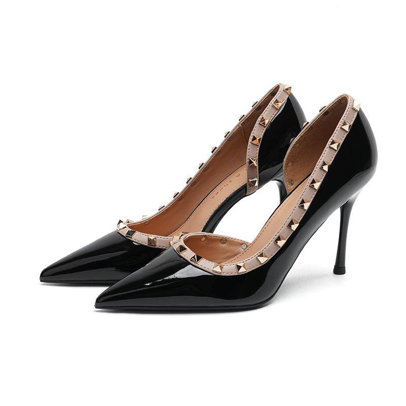 Neu Low-Cut Spitz-Toe Stilettos High Heels Fee Wind Seite Leere Nieten Schuhe Frauen 40 schwarz von Joom DACH