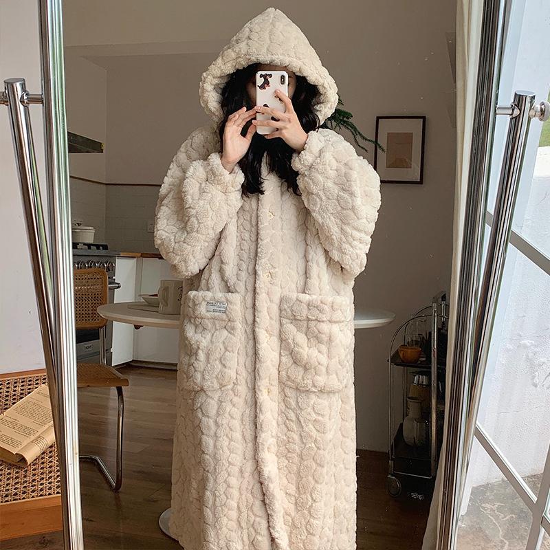 Neu Nette Frauen Plüsch Weichen Robe Flauschigen Langen Warmen Fleece Bademantel Winter Mädchen Süße Fleece Robe Nachtwäsche Plüsch Dickes Nachthemd XXL beige von Joom DACH