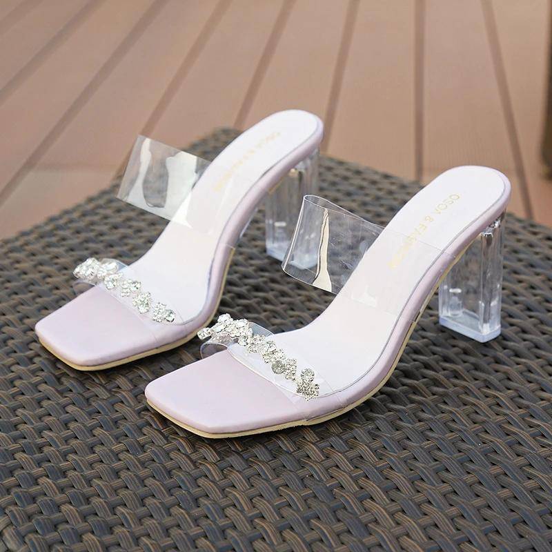 Neu Offene spitze frauen Karree Strass Sandalen Sommer Mode Kristall Bestseller Outdoor Rutsche Hausschuhe Heels Frauen 40 von Joom DACH