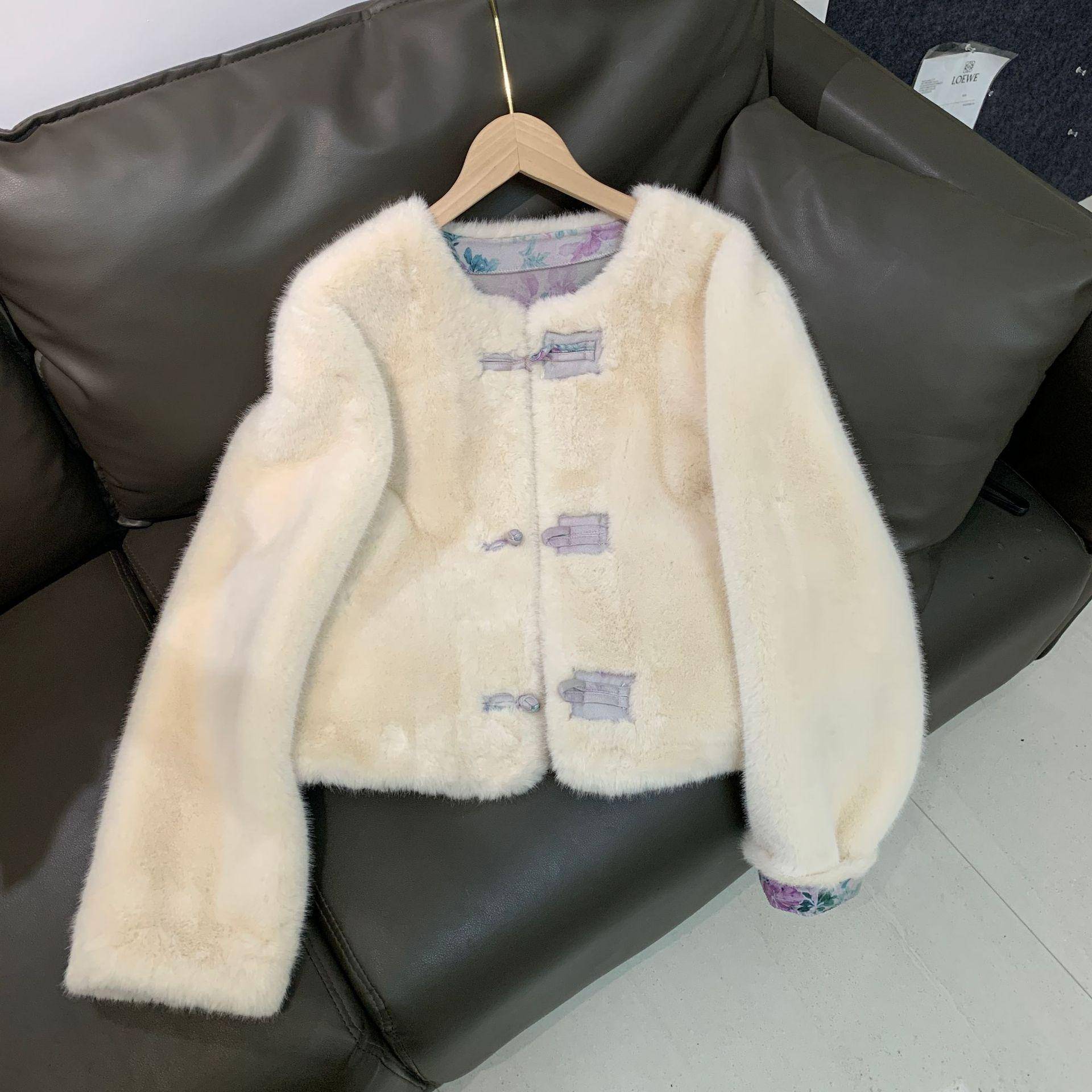 Neu Pelzmantel im chinesischen Stil Nerz Samt Kurzes Oberteil Neue Damen-Imitation Nerz im chinesischen Stil one size fits all elfenbein von Joom DACH