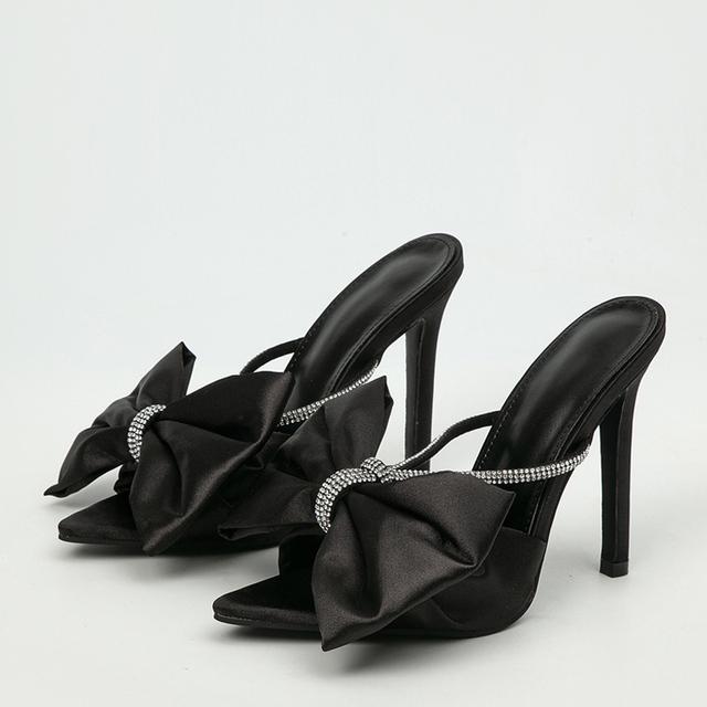 Neu Seide Schmetterling-Knoten High Heels 11,5 Cm Party Hausschuhe Sandalen Maultiere Rutschen Spitz Strass Schuhe Frauen Flip-Flops 38 schwarz von Joom DACH