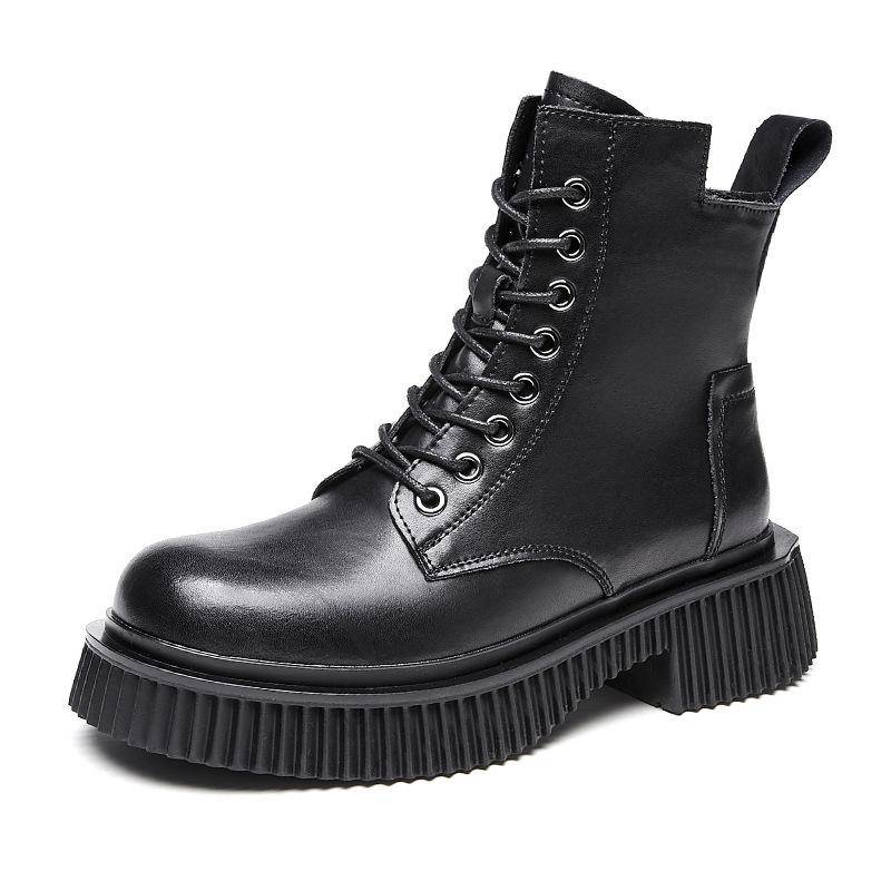 Neu Winter Damen Schnürstiefel runder Kopf Mitte der Wade weiche Plattform britischen Stil Leder kurze Stiefel weiblicher Trend 40 schwarz von Joom DACH