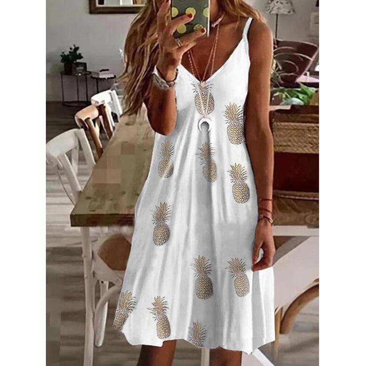 Neu eingetroffen Sommermode Damen Casual Loose V-Ausschnitt Unterkleid Lustiges Spaghettiträgerkleid mit Liebes-/Ananas-/Feder-/Blumendruck für Damen in Übergröße L von Joom DACH
