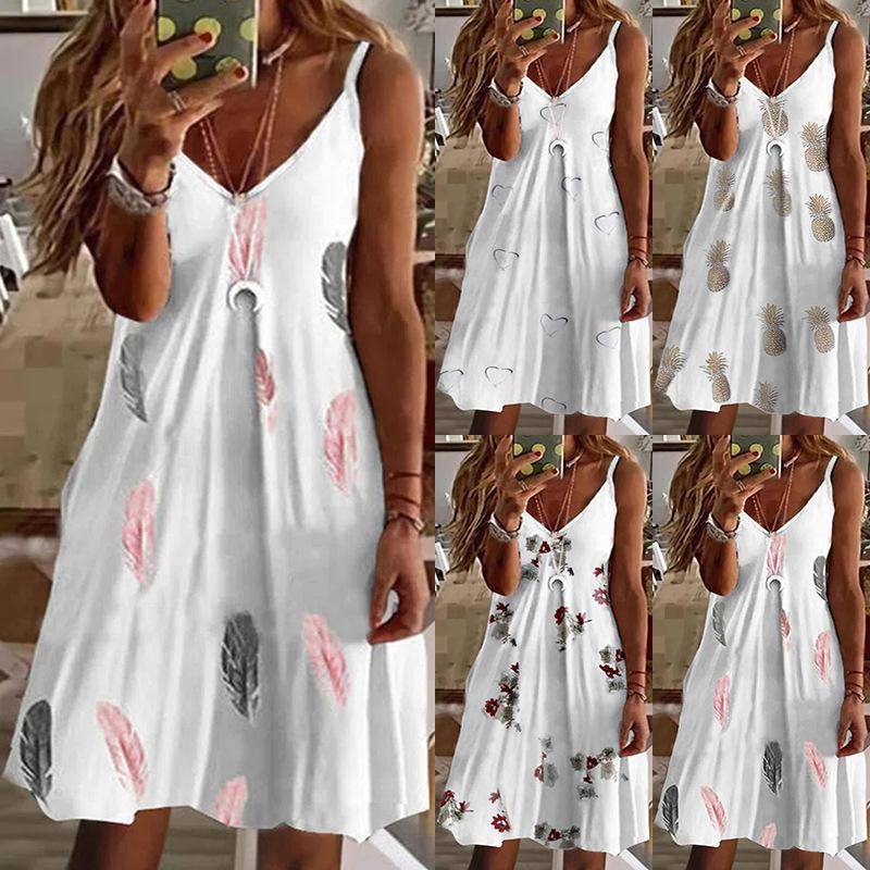Neu eingetroffen Sommermode Damen Casual Loose V-Ausschnitt Unterkleid Lustiges Spaghettiträgerkleid mit Liebes-/Ananas-/Feder-/Blumendruck für Damen in Übergröße XXXXXL von Joom DACH