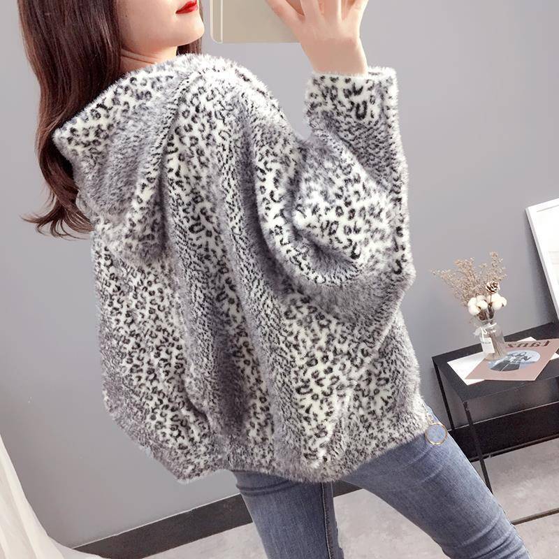 Neu eingetroffene Herbstkleidung für Damen - Kunstnerz-Pelzjacke mit Leopardenmuster und Strickpullover - Kurzer Herbstmantel One Size weiß von Joom DACH