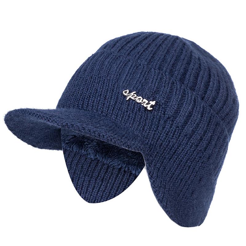 Neu hinzufügen Pelzgefütterte Wintermützen Stilvoll mit Krempe Weiche Beanie-Mütze für Männer Frauen Klassische gestrickte Ohrenklappenmütze Warme Mützen mit Ohren 54cm-62cm navy blau von Joom DACH