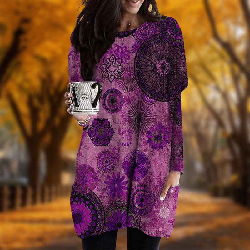 Neu im Herbst Antiker Kaleidoskop-Print Übergröße Kleid Damen O-Ausschnitt Lange Ärmel Lässig Taschenkleider 4XL rosa von Joom DACH