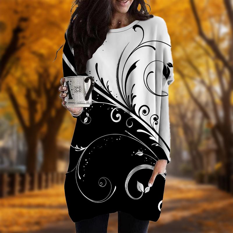 Neu im Herbst Farbblock Grasdruck Übergröße Kleid Damen Oansatz Lange Ärmel Lässige Taschenkleider XL weiß von Joom DACH