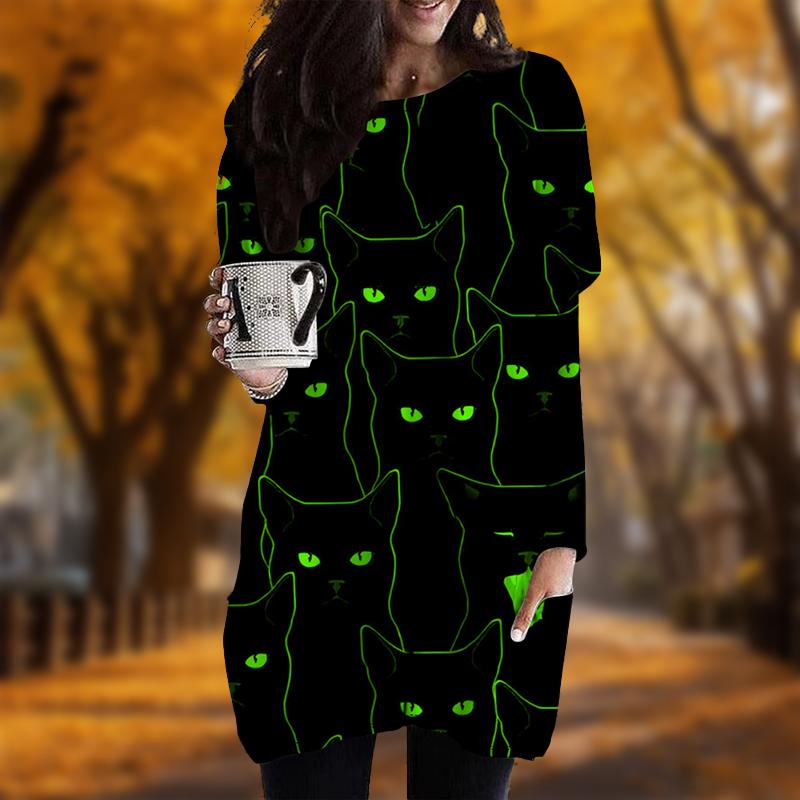 Neu im Herbst Kaltherziger Katzendruck Übergröße Kleid Damen Oansatz Lange Ärmel Lässige Taschenkleider 8XL grün von Joom DACH