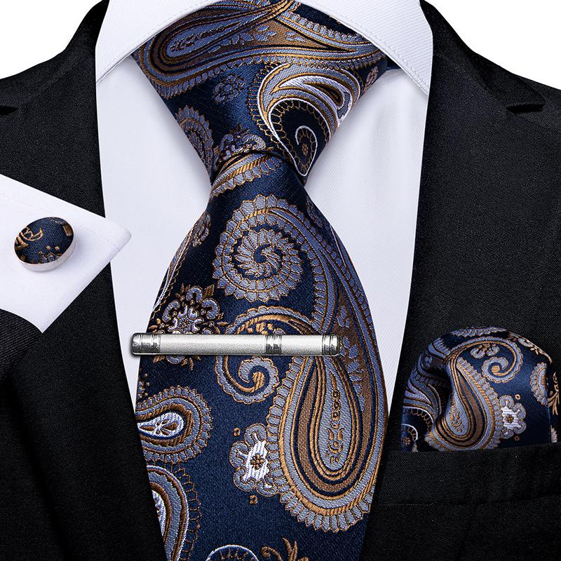 Neuartige Feder-Krawatte, goldfarben, marineblau, Seide, Krawatte, Einstecktuch, Manschettenknöpfe, Krawattenklammer-Set für Herren, Geschäftsparty N-7362 von Joom DACH