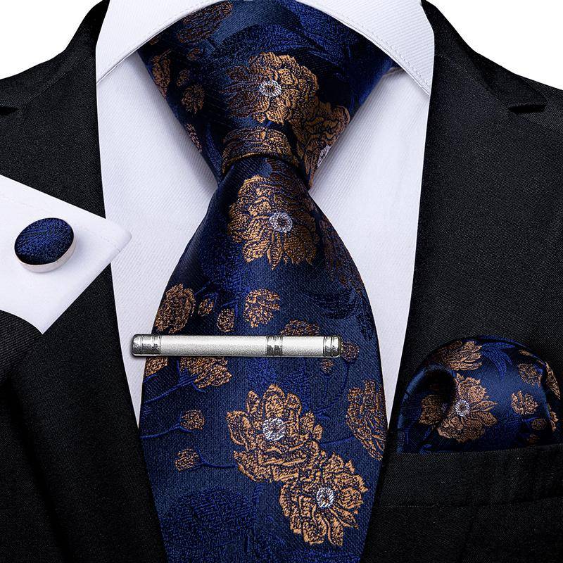Neuartige Feder-Krawatte, goldfarben, marineblau, Seide, Krawatte, Einstecktuch, Manschettenknöpfe, Krawattenklammer-Set für Herren, Geschäftsparty N-7371 von Joom DACH