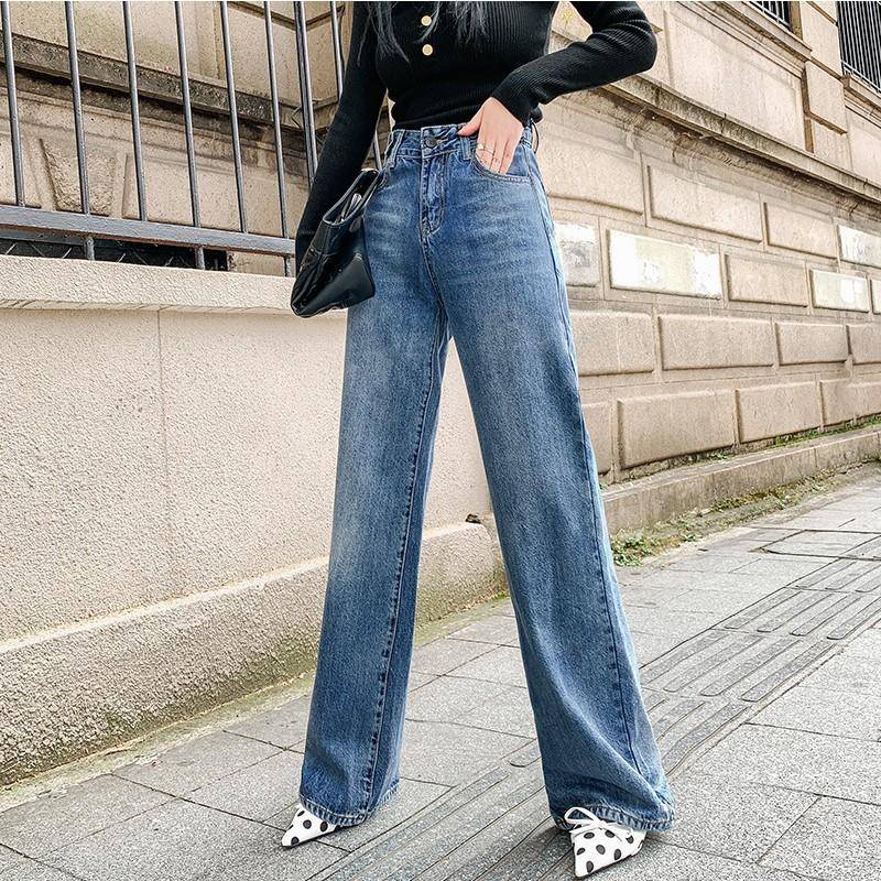 Neue, lockere Jeanshose mit weitem Bein für Damen, Retro-Wischhose mit hoher Taille und dünnem, geradem Bein 32 blau von Joom DACH