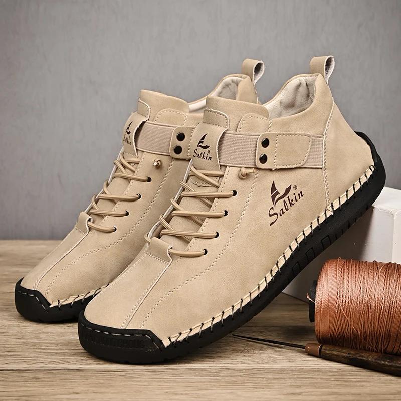 Neue 2024 Handgemachte Leder Casual Männer Schuhe Design Turnschuhe Mann Atmungsaktive Leder Schuhe Männer Stiefeletten Outdoor 41 beige von Joom DACH