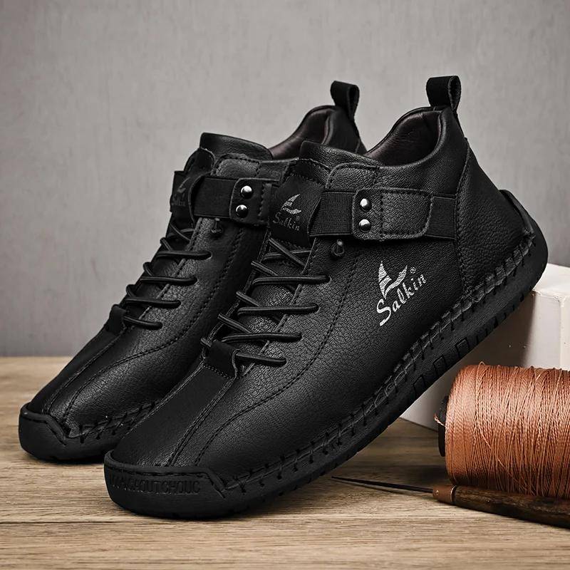 Neue 2024 Handgemachte Leder Casual Männer Schuhe Design Turnschuhe Mann Atmungsaktive Leder Schuhe Männer Stiefeletten Outdoor 41 schwarz von Joom DACH