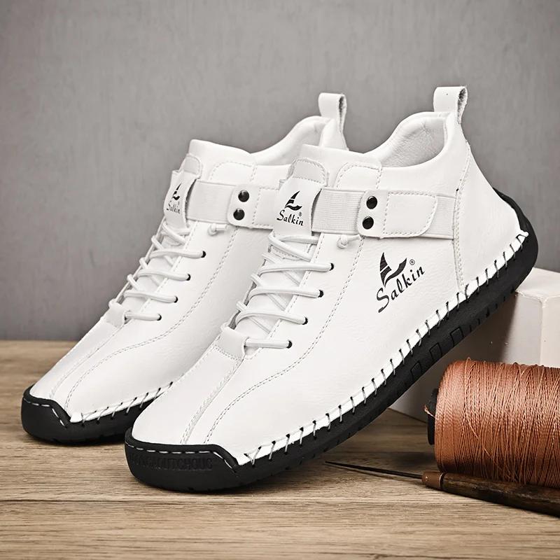 Neue 2024 Handgemachte Leder Casual Männer Schuhe Design Turnschuhe Mann Atmungsaktive Leder Schuhe Männer Stiefeletten Outdoor 42 weiß von Joom DACH