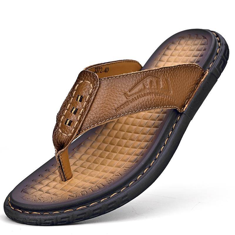 Neue Ankunft Sommer Echtes Leder Männer Flip-Flops Anti-slip Handgemachte Leder Hausschuhe 38 hellbraune von Joom DACH