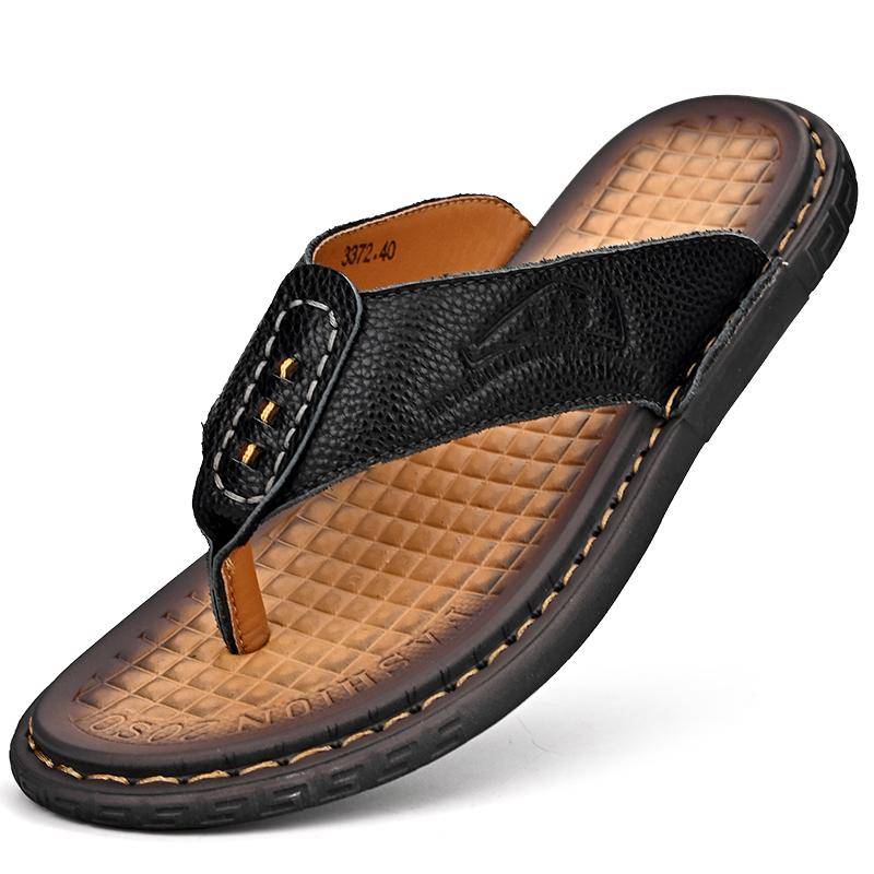 Neue Ankunft Sommer Echtes Leder Männer Flip-Flops Anti-slip Handgemachte Leder Hausschuhe 39 schwarz von Joom DACH