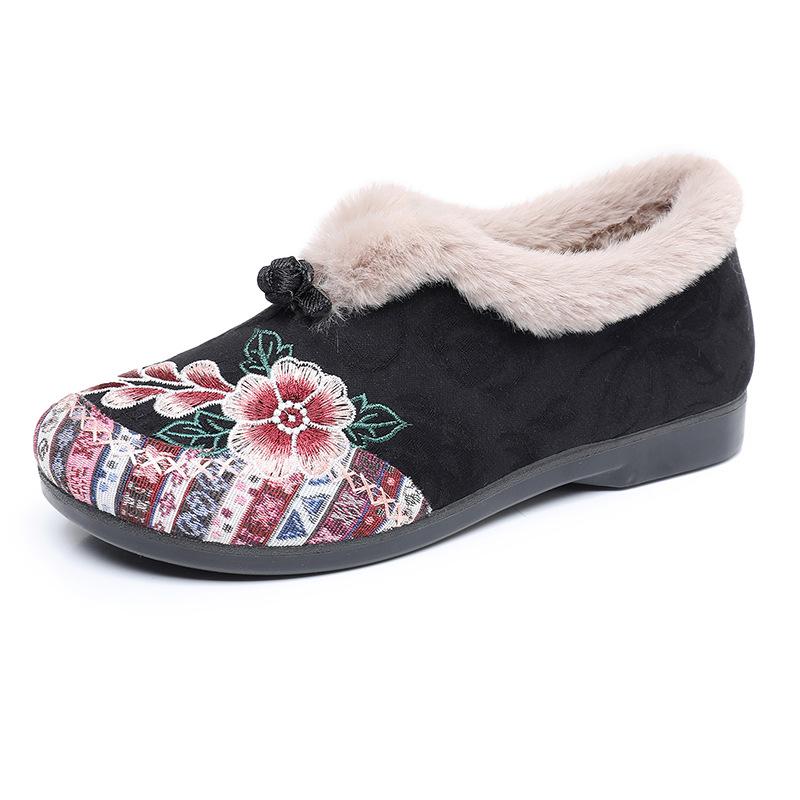 Neue Baumwollschuhe für Damen, gefüttert mit Fleece und flache bestickte Schuhe, Slipper 39 schwarz von Joom DACH