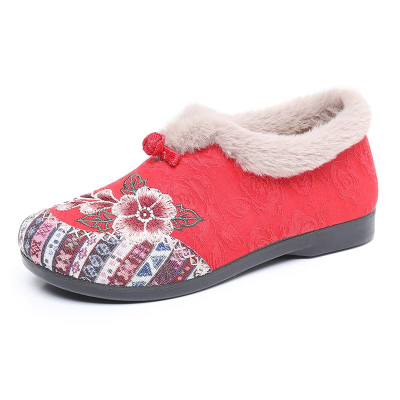 Neue Baumwollschuhe für Damen, gefüttert mit Fleece und flache bestickte Schuhe, Slipper 41 rot von Joom DACH