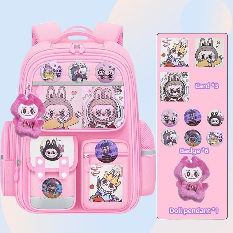 Neue Cartoon LABUBU Kinder-Schulranzen Kinder-Rucksäcke für die Klassenstufen zwei bis sechs Wasserdichte, leichte und geräumige Rucksäcke mit Anhänger rosa von Joom DACH