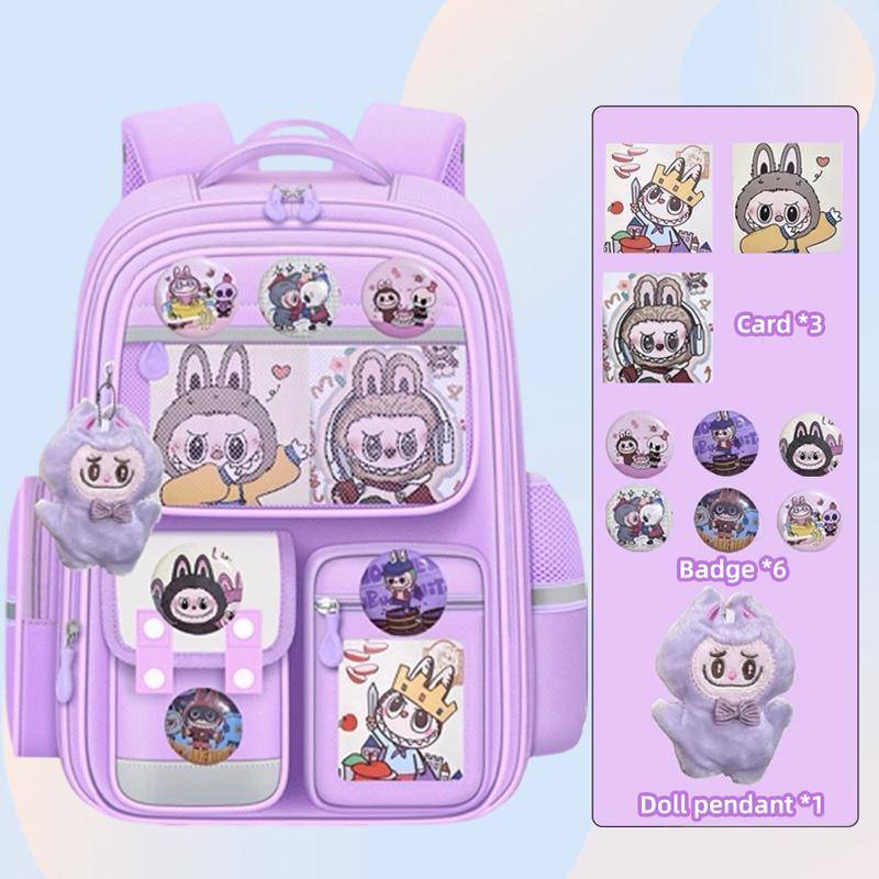 Neue Cartoon LABUBU Kinder-Schulranzen Kinder-Rucksäcke für die Klassenstufen zwei bis sechs Wasserdichte, leichte und geräumige Rucksäcke mit Anhänger violett von Joom DACH