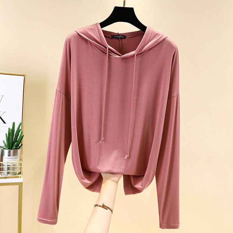 Neue Damen Frühling und Herbst Modal Langarm T-Shirt Große Größe Kapuzenpullover Lose Bodenbildung Shirt Einfarbig Top Farbe XL von Joom DACH