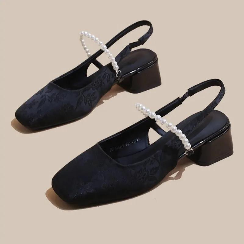 Neue Damen High Heels Square Toe Print Mittelhoch Absatz Kleid Pumps Damen Flach Riemchen Perlen Slip-on Elegant Slingbacks Sandalen 40 schwarz von Joom DACH