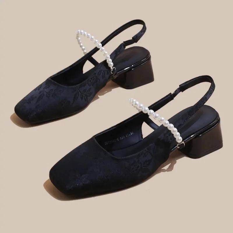 Neue Damen High Heels Square Toe Print Mittelhoch Absatz Kleid Pumps Damen Flach Riemchen Perlen Slip-on Elegant Slingbacks Sandalen 40 schwarz von Joom DACH