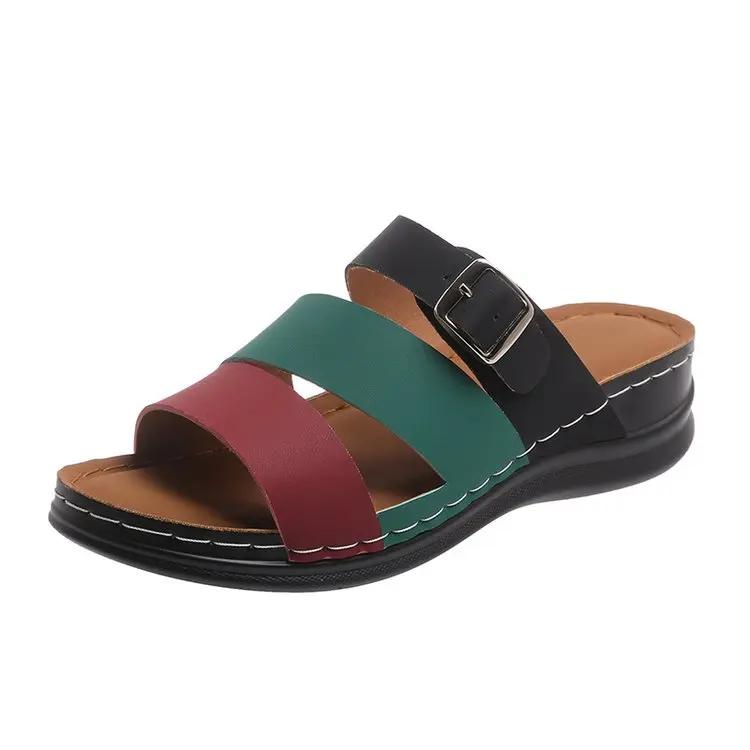 Neue Damen Keilabsatz Hausschuhe Sommer Peeptoe Rutschfest Strandschuhe Frau Schnalle Dekor Hausschuhe Plateau Römische Sandalen 36 schwarz von Joom DACH
