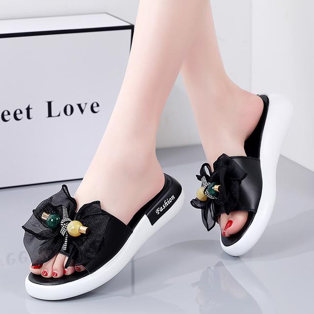 Neue Damen Leder Hausschuhe Outdoor Flach Keilabsatz Strandsandalen Schleife Lässig Komfortschuhe Rutschfest Damen Plateau Pantoletten 36 schwarz von Joom DACH