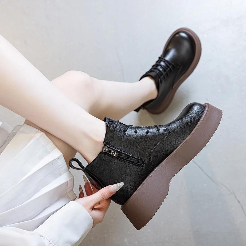 Neue Damen Plateau Stiefel Herbst Winter Kurze Stiefel für Damen Retro Handgefertigte Stiefeletten Schnürstiefel Damen Keilstiefel Botas Mujer 39 schwarz von Joom DACH