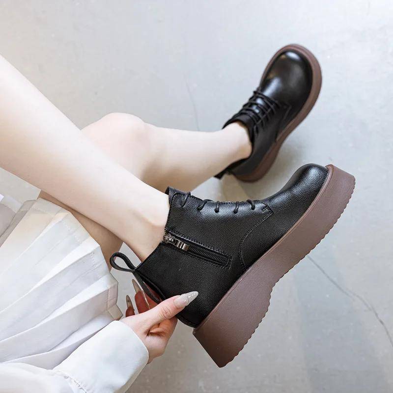Neue Damen Plateau Stiefel Herbst Winter Kurze Stiefel für Damen Retro Handgefertigte Stiefeletten Schnürstiefel Damen Keilstiefel Botas Mujer 39 schwarz von Joom DACH